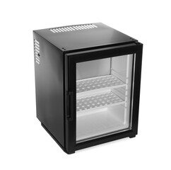 Empty modern mini refrigerator isolated on white