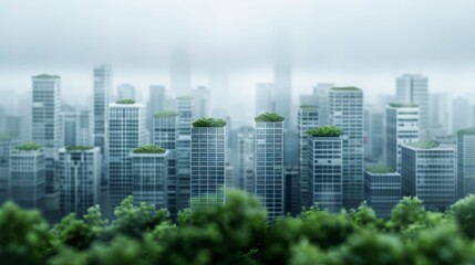 Obraz premium Urban skyline with skyscrapers under a blue sky in a bustling city