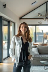 Obraz premium A woman stands in a living room near a couch, ready for conversation or relaxation