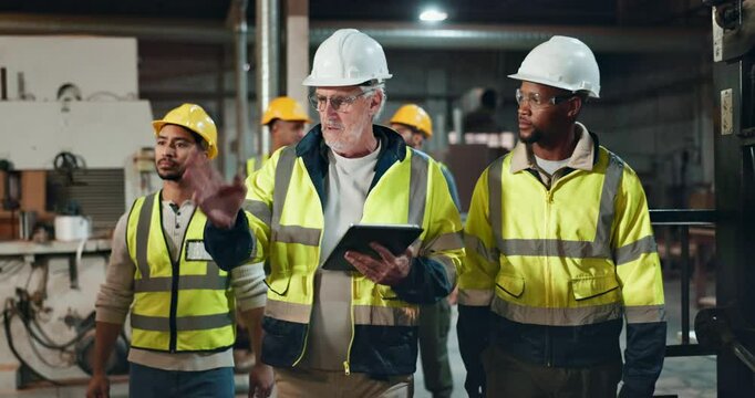 Supervisor, engineering and people walking in warehouse with wood, lumber or material production on tablet. Man and mature manager in factory for inspection, manufacturing or talking of progress - Powered by Adobe