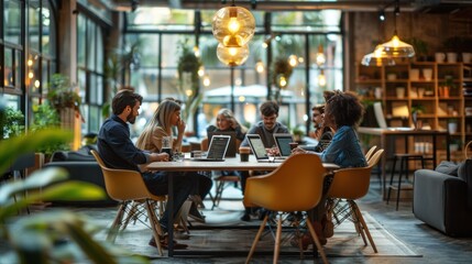 Group of Young Professionals Working Together in a Cafe