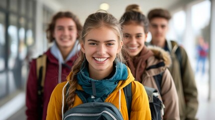Obraz premium A group of a bunch of people standing in line with backpacks, AI