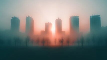 Fototapeta premium a city park during sunrise, blending tranquility with the urban environment with focus on, morning theme, ethereal, park backdrop