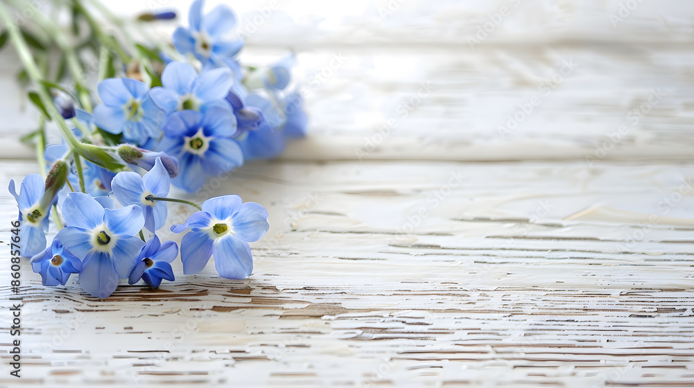 Poster forgetmenots on a light wooden background selective focus spring mood copy space : generative ai