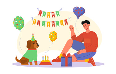 Happy birthday dog. Man gives his pet food and balloons. Owner celebrates birthday with puppy. Love, generosity and kindness to animal. Cartoon flat vector illustration