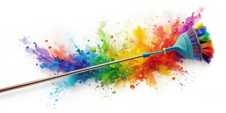 Watercolor splashes transforming into cleaning tools, a fresh and energetic concept , watercolor, splashes, cleaning tools