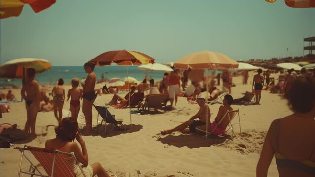 Sun-drenched beach crowded with vacationers. Vibrant orange and yellow umbrellas dot the sandy landscape. People lounging, sunbathing, and enjoying seaside leisure. 