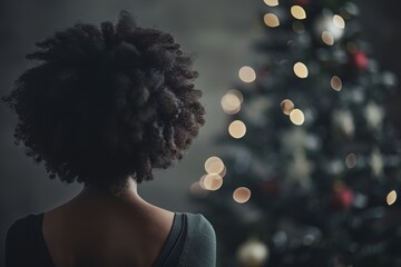 Ethnic Girl Back View - Christmas Tree - Concept of Festive Diversity