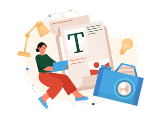 Woman journalist concept. Girl with paper and typewriter. Freelancer and copywriter coming up with interesting content for social networks and websites. Cartoon flat vector illustration
