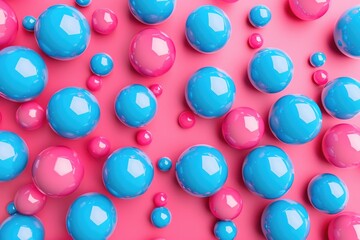 Pink and blue balls scattered on a pink surface