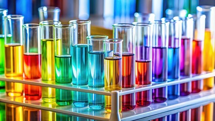 Laboratory test tubes filled with colorful liquids, lab, tubes, experiment, science, chemistry, research, glassware