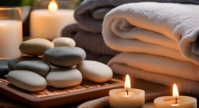 Spa room featuring massage stones with towels and candles on a natural backdrop