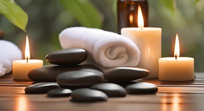 Spa room featuring massage stones with towels and candles on a natural backdrop
