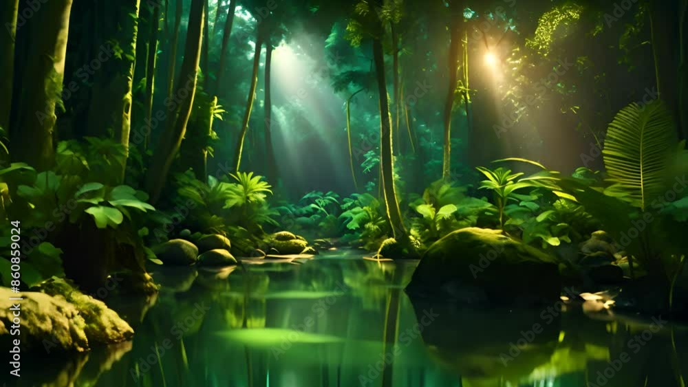 Poster sunlit stream in a tropical forest generative ai