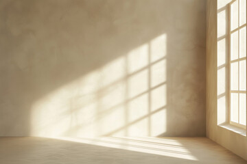 Obraz premium 3D rendering of an empty room with light beige walls and floor, a window casting a shadow on the wall, bright light and soft shadows