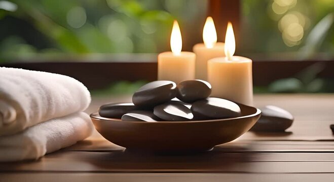 Spa room featuring massage stones with towels and candles on a natural backdrop