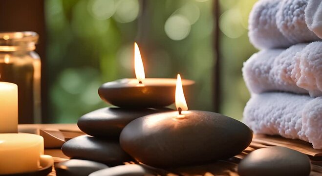 Spa room featuring massage stones with towels and candles on a natural backdrop