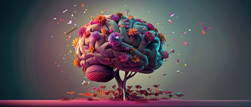 Human brain tree with flowers, self care and mental health concept, positive thinking, creative mind
