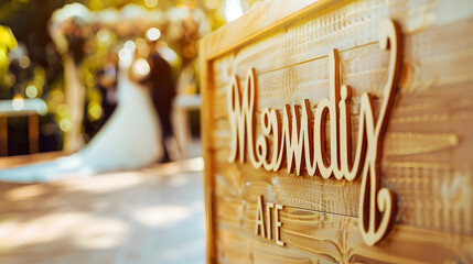 Blurred focus vintage wedding sign Handmade wooden board with the inscription Wedding An interesting idea for a wedding : Generative AI