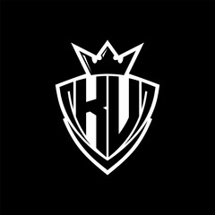 KU Letter logo with sharp triangle shield shape with crown inside white outline on black background template design