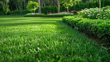 Obraz premium Beautiful manicured lawn and flowerbed with deciduous shrubs on plot or Park outdoor. Green lawn closely mowed grass