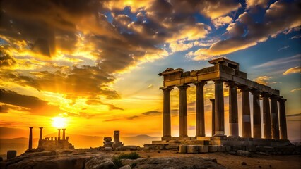 Fototapeta premium Majestic ancient ruins silhouetted against a golden sunset backdrop, archaeology, historical, civilization, ancient, sunset
