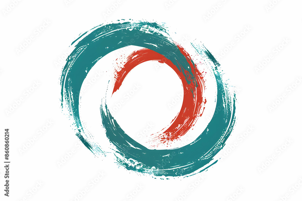 Poster Abstract circular brushstroke pattern in teal and red on white background, representing balance and movement.