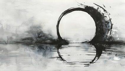 Abstract black and white ink painting of a circle reflecting in water. Minimalist and modern art.