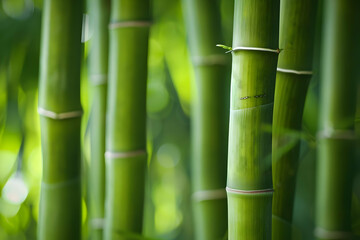 Close-up shot of vibrant green bamboo stalks in a lush forest, showcasing their natural beauty and texture.
