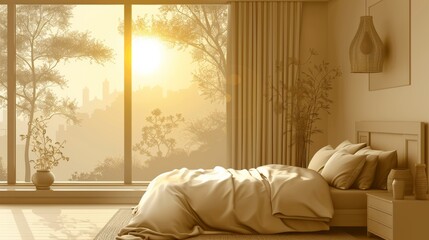 A bedroom with a bed and window overlooking the city, AI