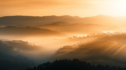 a misty valley at dawn, blending mystery and natural beauty with focus on, landscape photography theme, ethereal, Double exposure, valley backdrop