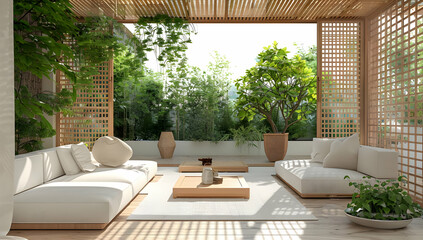 Fototapeta premium Modern outdoor lounge area with wooden pergola, cozy white sofas, lush green plants, and serene ambiance for relaxation and leisure.