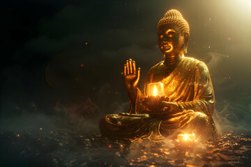 A golden Buddha statue sits in meditation, surrounded by flickering flames and a mystical glow.