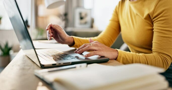Woman, hands and laptop for typing in home office, business with remote work for startup. Female entrepreneur, website design and computer with email for plan on web, idea for creative development