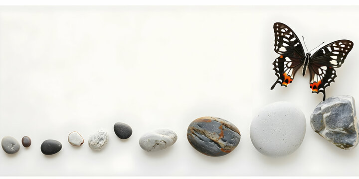 A minimalistic composition of various sized stones arranged in a line, with a butterfly perched on the largest stone, against a white background.