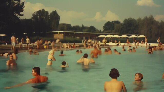 Crowded outdoor swimming pool on a sunny day. People of various ages enjoying the water. Lush green trees in background. Warm, faded color palette gives nostalgic feel. 