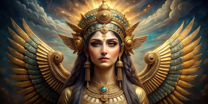 Ancient Sumerian goddess Inanna with flowing robes and majestic headdress , Sumerian, mythology, goddess, ancient