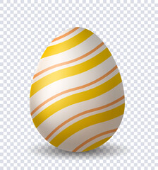 Realistic Easter egg. Yellow and white patterns at egg. Traditional spring religious holiday. Creativity and art object. 3D vector illustration isolated on transparent background
