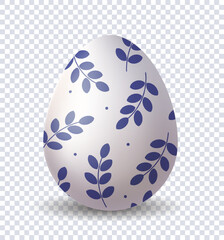 Realistic Easter egg. Blue and white patterns with branches at egg. Traditional spring religious holiday. Creativity and art. 3D vector illustration isolated on transparent background