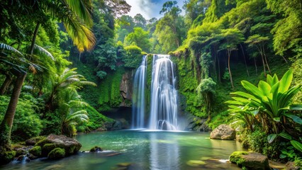 Tropical waterfall surrounded by lush green jungle, showcasing natures serene beauty, tropical, waterfall, lush, jungle, nature