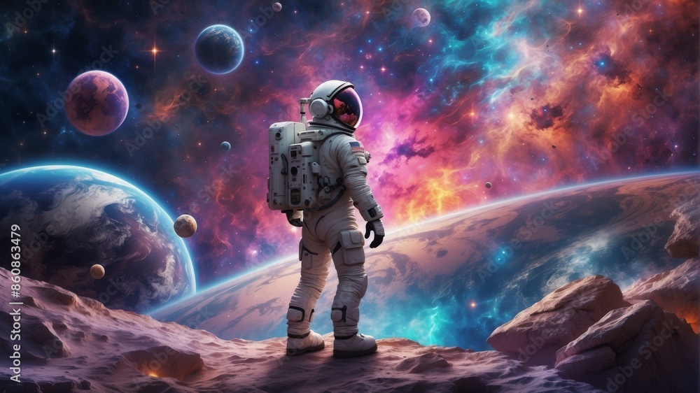 Poster An astronaut standing on the surface of a planet looking at space. AI.