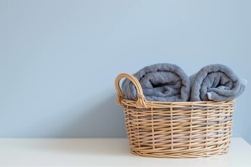Obraz premium Bath towels in wicker basket on light background