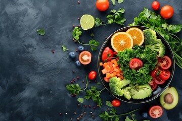 Fresh vegetable salad with tomatoes, avocado, cucumber and parsley in bowl on dark background. Top view with copy space