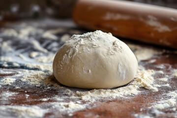 Obraz premium Bread dough sprinkled with flour on a wooden board in a rustic style
