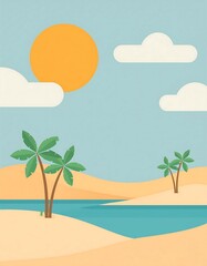 Minimalist desert scene with sun and oasis, flat design