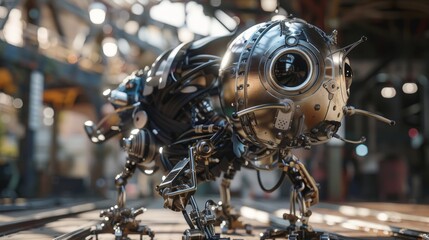 A metal robot with a large eye and antennae on top of train tracks, AI