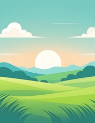 Minimalist mountain scene with trees, flat design.