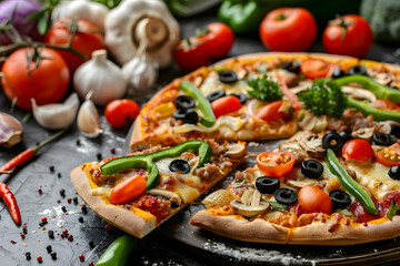 A delicious pizza with various toppings, including tomatoes, olives, mushrooms, and peppers, on a rustic wooden table.