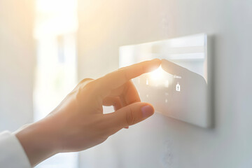 A hand presses a button on a smart home control panel, activating the home's system.