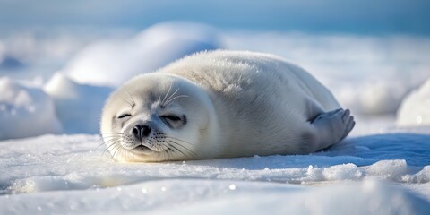 Seal pup peacefully sleeping on snowy ice surface in polar region, Seal, pup, sleeping, peaceful